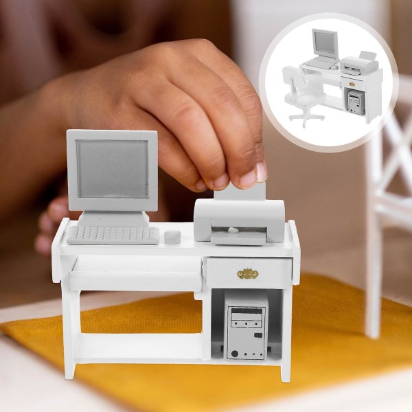 1 set mini toimistopöytälelut pieni talo tietokonemalli miniatyyri toimistokoriste lasten nukkekodille White 10.5x4.5cm