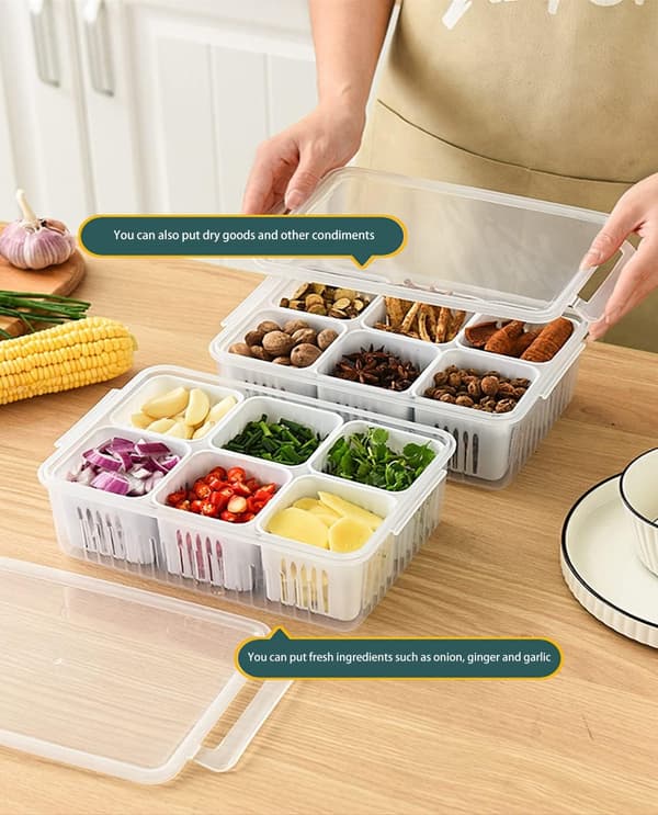 Food Storage Containers, Refrigerator Storage Containers, Includes 6 Removable Small Compartments, Portable Fruit Storage Container with Dividers.