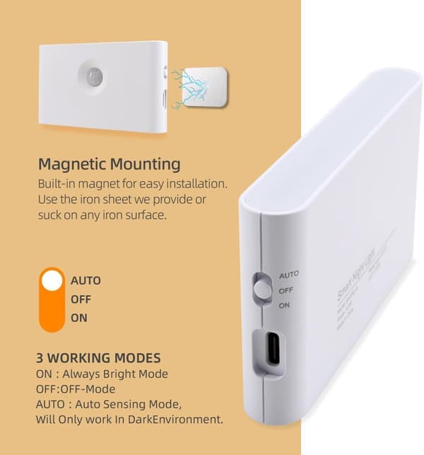 Night light with motion sensor, rechargeable LED night light for children, battery-powered stair light 3 modes, cabinet light 3000K (2-pack)