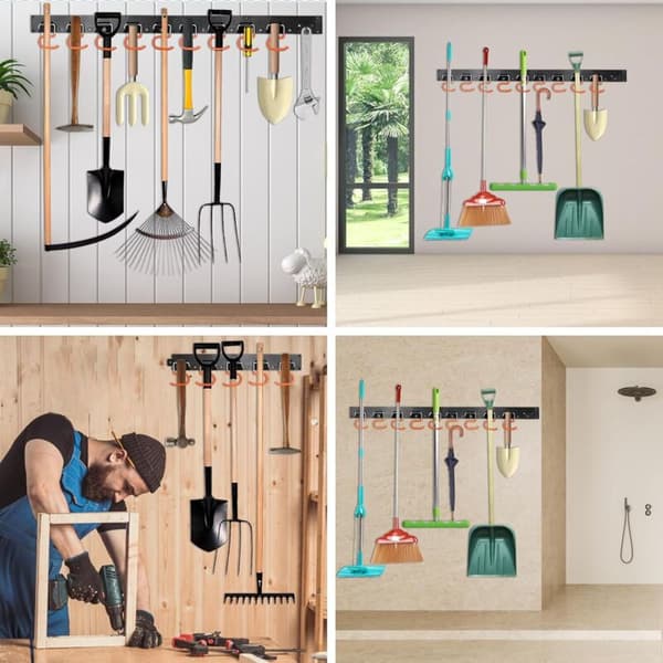 Attachable Storage Hooks, Garage Organizer, Practical Wall-Mounted Holders, Mop and Broom Rack, 20 Hooks, 4 pcs 41cm Rails