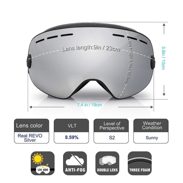 Snowboard Skibriller For Menn Dame Ungdom, 100 % Uv400 beskyttelse Anti-dugg over briller Vinter snøbriller med avtagbar sfærisk linse