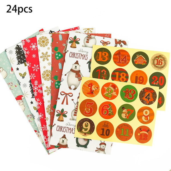 Christmas Gift Bag with 24 Christmas Stickers Reusable Kraft Paper Box Holiday Gift Candy Cookie Gift Bag