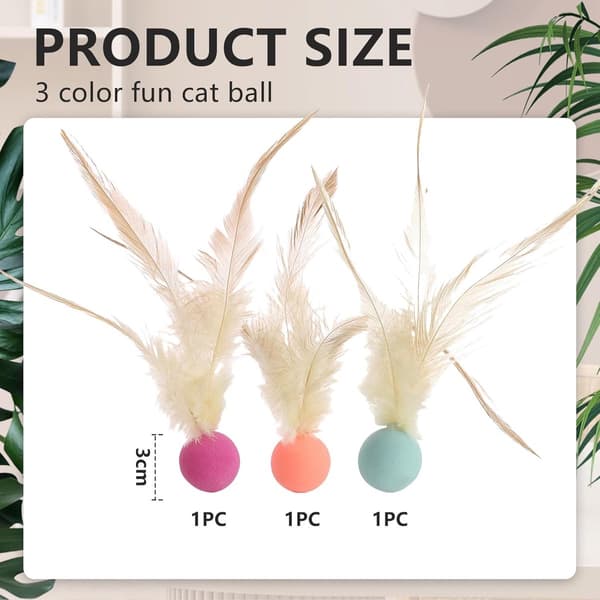 3 kattelegetøj - Kattebold med fjer, interaktive elastiske kattebolde - Orange, Blå, Lilla - 3*13 cm