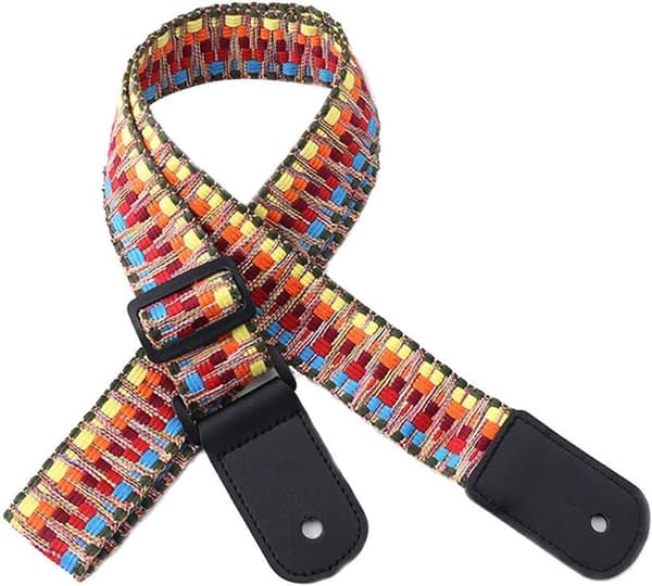 Ukulele-rem, bohemisk stickad bomullsrem, justerbar gitarrrem i bomull med läderändar - retrostil - för ukulele och liten gitarr (Ra
