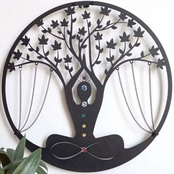 Meditation Metal Væghæng, Yoga Livets Træ, 7 Chakra Sten, Rå Krystal, Yoga Meditation Symbol, Energi, Til Baggrund Indgang Vedhæng, Sort
