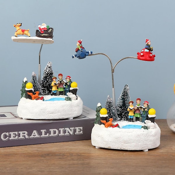 Kreativ Julscen Resin Ornament med LED-ljus Musik Animation Cartoon Roterande Gatlykta Staty Jul DeSpinning Rensa