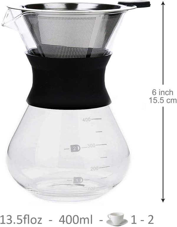Hell over kaffesett med gjenbrukbart dryppfilter i rustfritt stål, elegant kaffetrakter, glasskaraffel og permanent filter i rustfritt stål