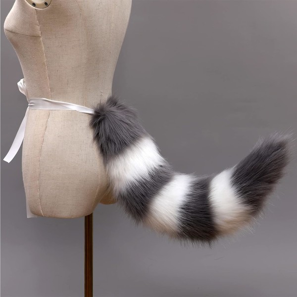 Kattulv vaskebjørn ører og halesett, lodne hale av dyr, pannebånd til ører, Halloween-julekostyme-cosplay (hvit+grå)