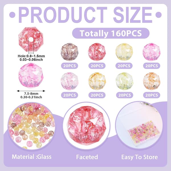 160 stk. krakelerede gennemsigtige glasgeléperler facetslebne | Pink Pink Theme