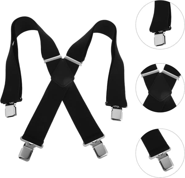 Black 5cm Wide Elastic Suspenders for Men with Four Strong Side Clips, Adjustable Heavy Duty Braces