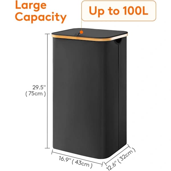 HA~100L Laundry Basket with Lid, Laundry Hampers with Bamboo Handles and Removable Laundry Bag, Large and Foldable