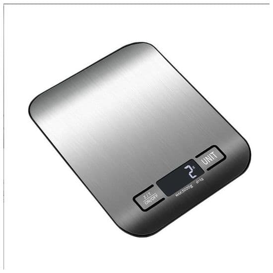 Elektronisk kjøkkenvekt, 5 kg/1 g, sølv, LCD-skjerm, tarafunksjon.