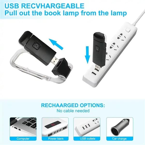 Portable USB Rechargeable LED Book Light with Clip for Reading in Bed, Adjustable Brightness, Dimmable Bookmark Lamp (Black)
