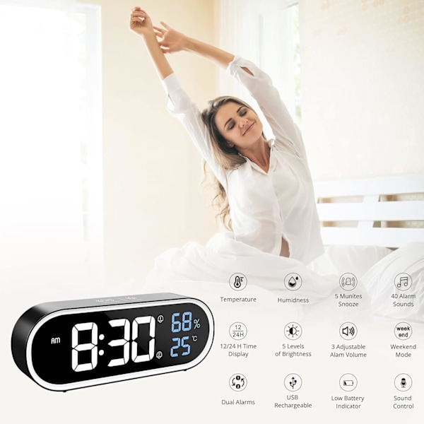 Digital spegelväckarklocka, LED digital klocka, stor display för tid/temperatur/fuktighet, 40 ringsignaler, USB-laddning, svart väckarklocka