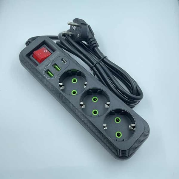 Power strip with 4 sockets and switch, flat plug, 2 m extension cable, USB socket, 230 V, black and white, 2-pack