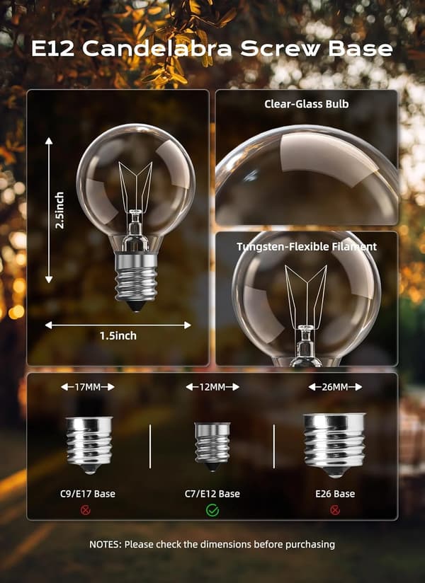 G40 Replacement Bulbs 25-Pack Clear Globe Outdoor String Lights E12 Candelabra Base 5W 120V Warm White