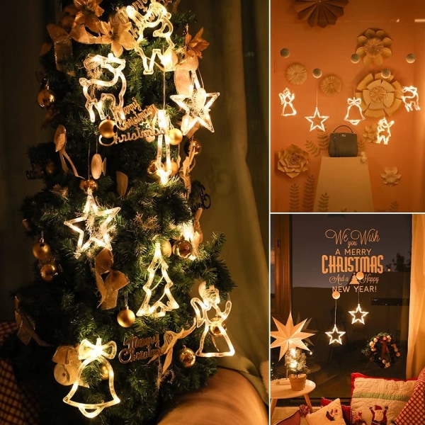 Batteri julbelysning, 4 st Hängande julbelysning inomhus med sugkopp Jultomten Julgran Snowflake St