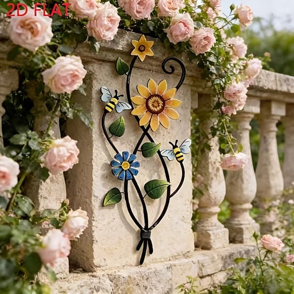 2D Flat Metal Bee and Flower Wall Decor, Decorative Wrought Iron Artwork - Bees and Flowers