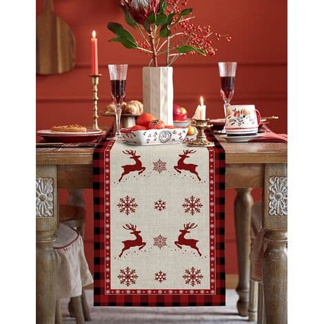 Table Runner - Christmas Snowflakes and Reindeer - Rustic Decoration for Dining Room or Kitchen - 160 x 30 cm