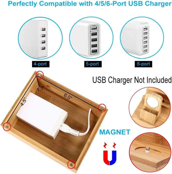 Bamboo Wood Multi-Device Charging Station and Storage Box, Univer