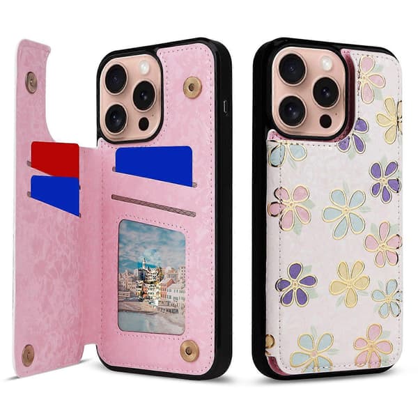 Til iPhone 16 Pro Cover Blomst Læder+TPU RFID-blokerende Kortlomme Telefonetui
