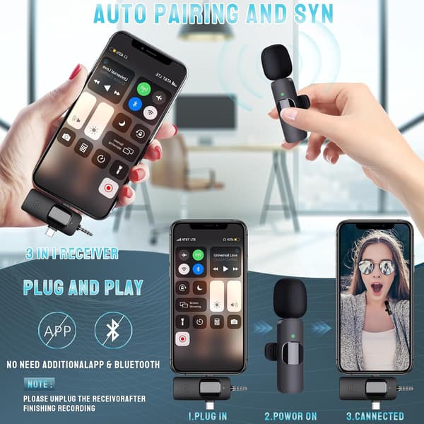 Wireless Microphone for iPhone Android Camera iPad, 3-in-1 Dual Professional Lavalier Mini Microphone with USB-C Plug Play for Video YouTube TikTok