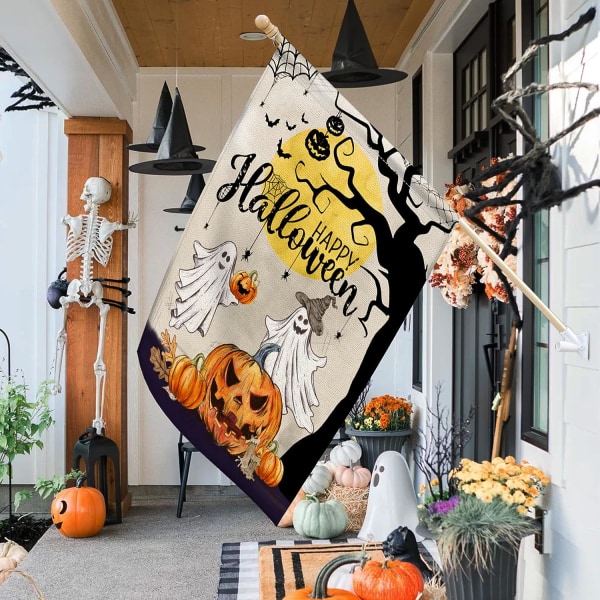 Halloween-lippu 12x18 kaksipuolinen, haamu Happy Halloween -talon lippu, säkkikangaskyltit Suuret Halloween-liput koristeet ulkona