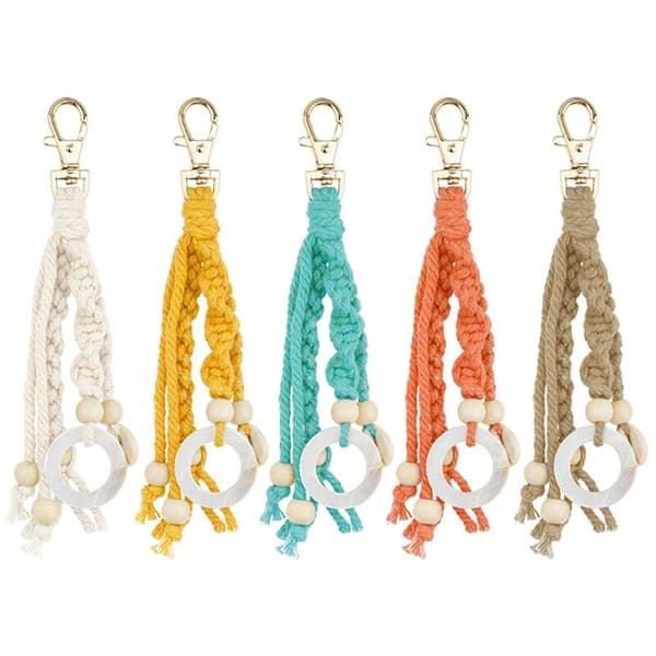 Boho Macrame Nøglering med Træperle og Skaller, Håndlavet Tilbehør til Håndtaskenøgler, Hvid