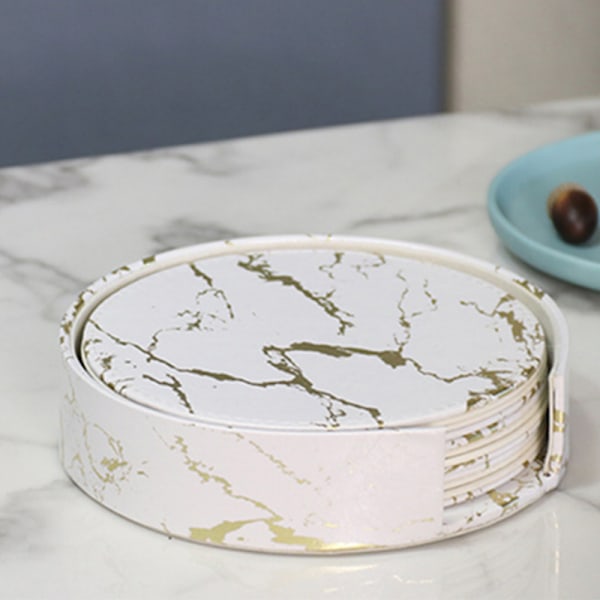 6-pak Coasters PU Læder Guld Marmor Hvid Hvid Hvid