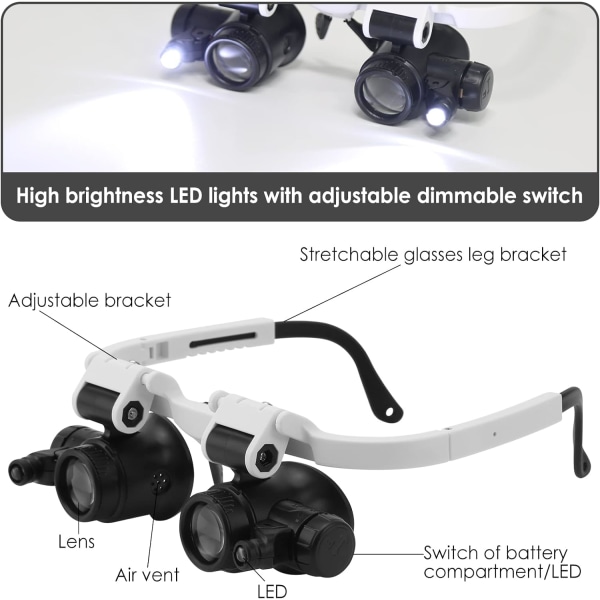 Head Mount forstørrelsesglas, pandebånd forstørrelsesglas med LED-lys, juvelerforstørrelsesglas med 3 udskiftelige linser 8X 15X