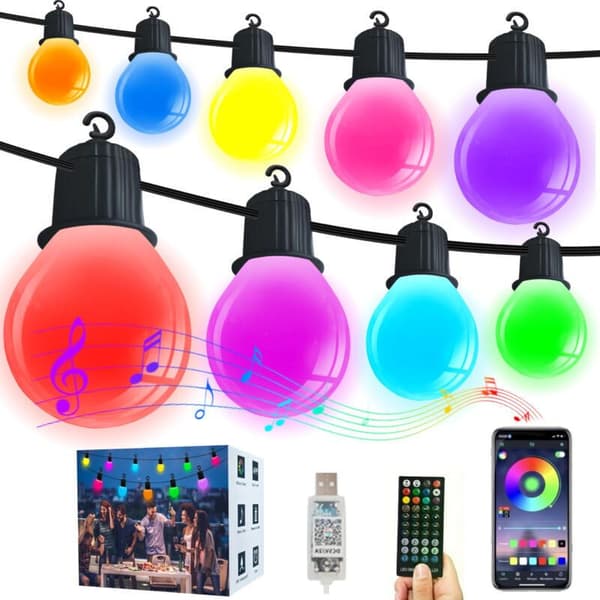 18m RGB Outdoor String Lights with 25 Bulbs, Remote Control and App Control, IP65, Timer, Suitable for Christmas, Garden and Patio