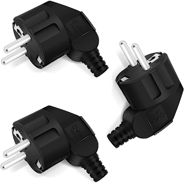 Schuko-pistoke kulmikas, 3 kpl, suojamaadoitettu pistoke taittumissuojalla, pistoke 250V (16A), virtapistoke kulmikas, ulkokäyttöön vedenpitävä, 8-10mm johdoille