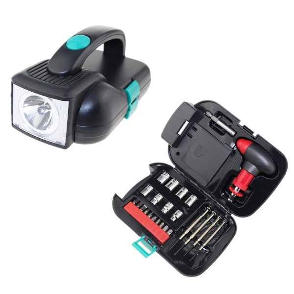 24 stk husholdningsverktøysett med LED-lommelykt, inkluderer miniatyrskrutrekkersett skrallehåndtakshylse Black