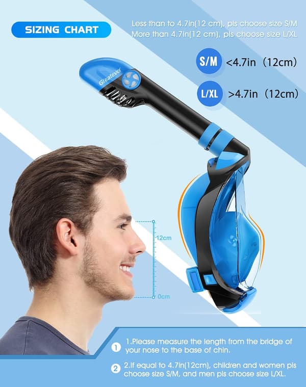 Full Face Snorkel Mask with Latest Dry Top System, Foldable 180 Degree Panoramic View Snorkeling Mask - Blue - L