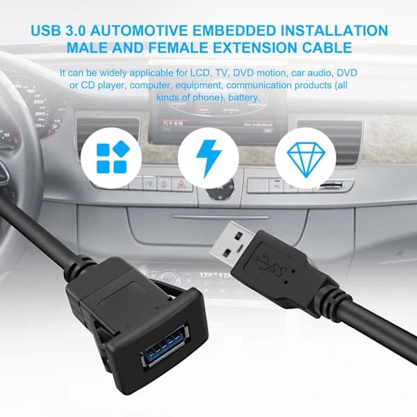 Panelmontert USB 3.0-kabel Bilmontering Hann til Hunn Forlengelseskabel Dashbord Panel Firkantet