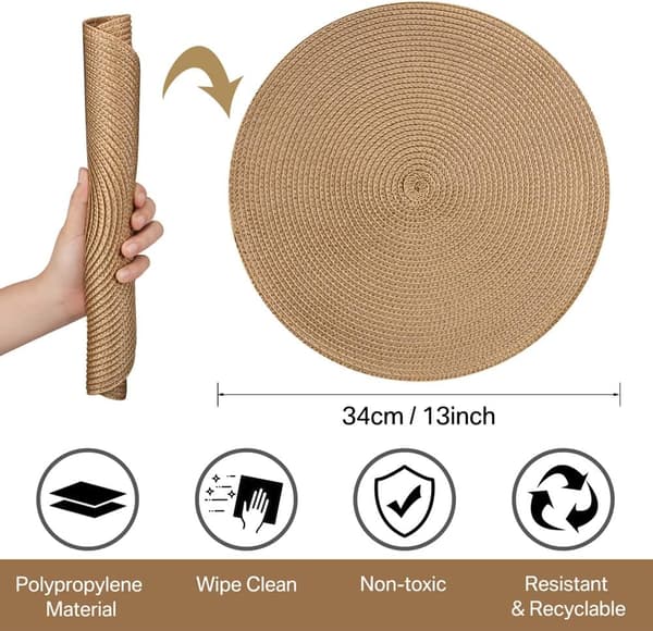 6-pack Round Woven Placemats, Heat Resistant for Kitchen Table, Brown