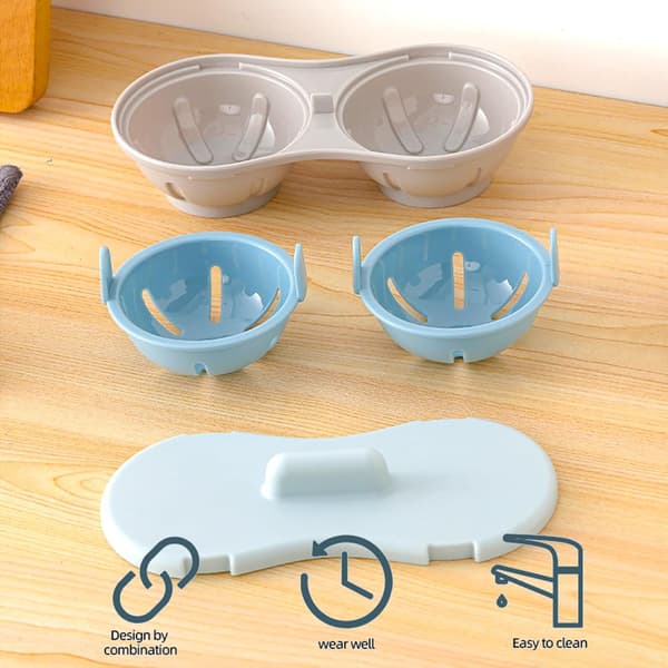 2-hole Microwave Egg Cooker, Breakfast Double Row Egg Cooker, Boiled Egg Cup Kitchen Utensil (Light Blue)