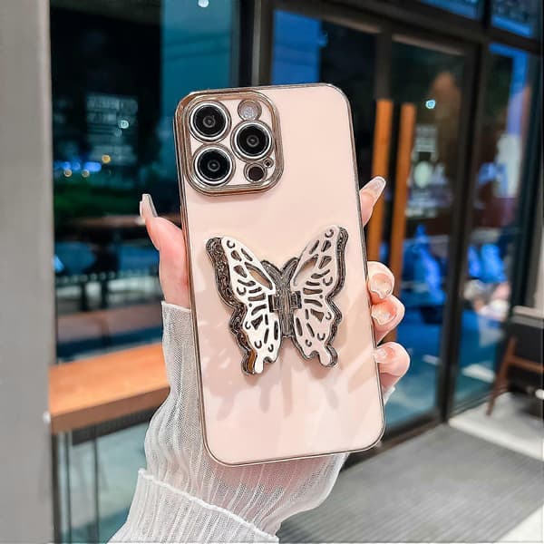 Deksler til iPhone 16 Pro Max Sommerfuglstativ TPU Galvanisert Telefondeksel - Rosa