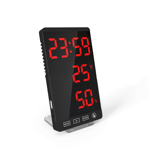LED Spejlur, Termometer og Hygrometer, Elektronisk Vejrur, Vækkeur, Fed Røde Bogstaver