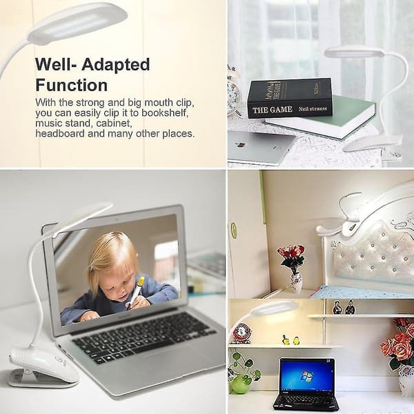 LED Reading Lamp - Rechargeable Clip-on Lamp for Desk with USB Cable, White-FM-