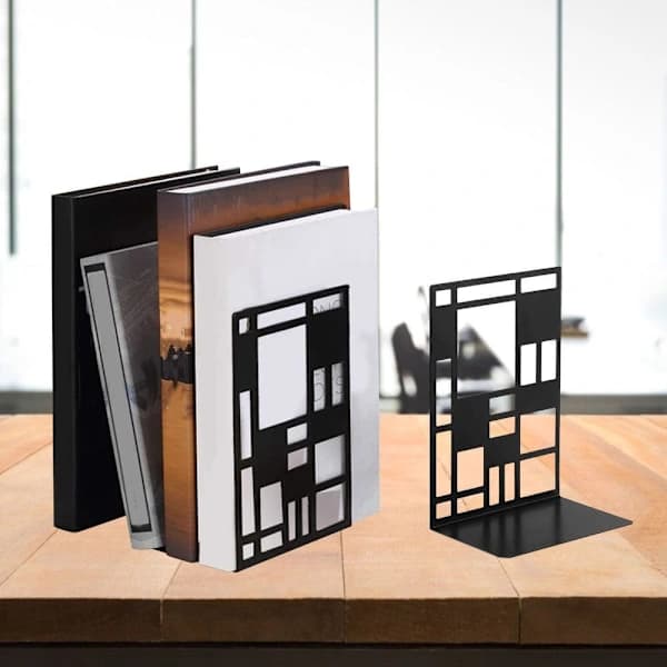HA~Non-Slip Bookends That Don't Rust, Unique Abstract Grid Design Book Stoppers for Home, Office, Library (Black, 1 Pair)