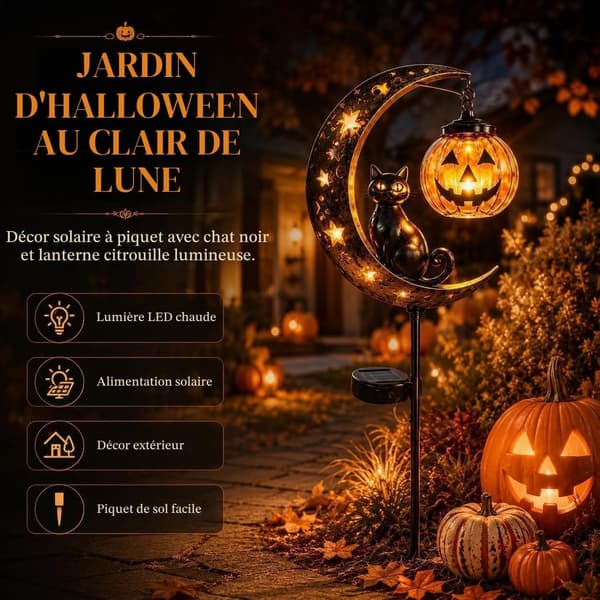 Solcelle-græskarlampe Halloween Havepynt – Sort kat og måne