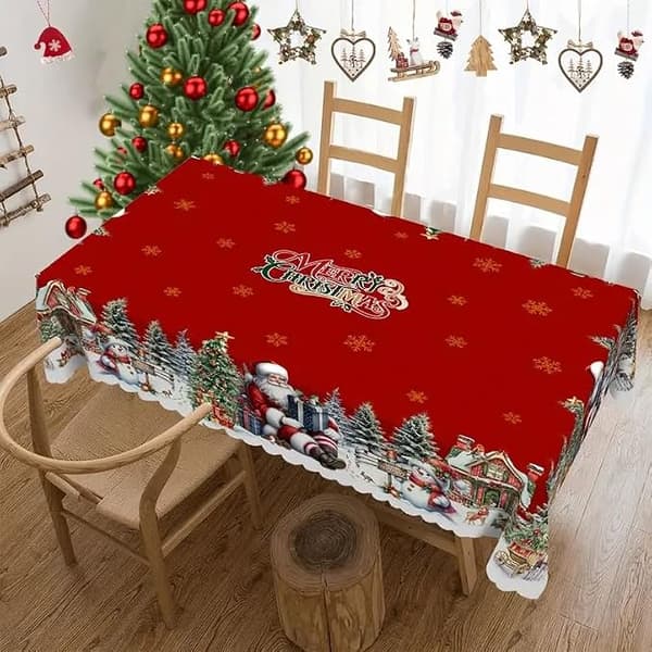 Julebordsdug med snefnug og julemandsdesign Rektangulær størrelse: 152 x 220 cm