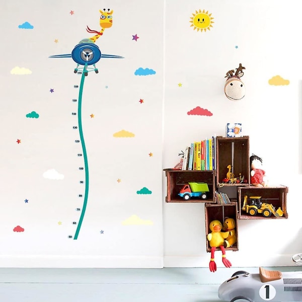 Tecknad giraff på flygplan Tillväxthöjdsdiagram Avtagbara väggdekaler, dekaler för barn, baby , dagis- och självhäftande dekorativa självhäftande väggdekaler