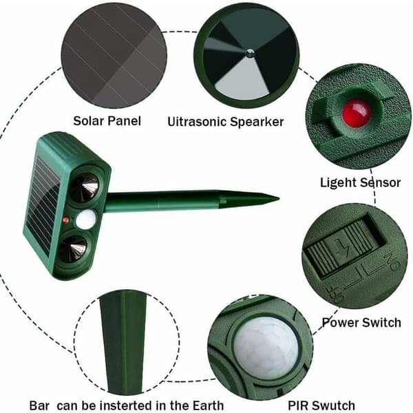 Solar Powered Ultrasonic Pet Repeller - Adjustable Sensitivity and Frequency - Waterproof and Weather Resistant - Range up to 8m