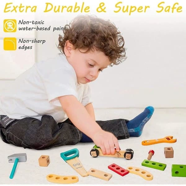 Kids Toolbox, Wooden Toolbox with Wooden Tools, Set, Educational Construction Toy
