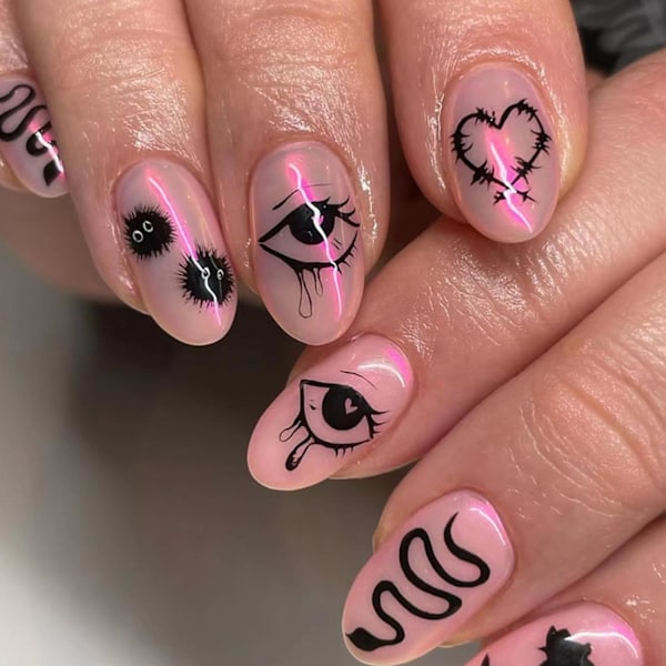 Press-on Naglar med Kort Tryck, Falska Naglar i Mandelform med Glitterdesign, Glansfulla Naglar för Kvinnor och Flickor, 24 st