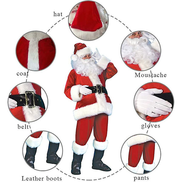 7-delad Jultomten Kostym Unisex Klassisk Vuxen Kostym Festkläder Cosplay Kläder Jultomten Kostym för Butik Köpcentrum Röd