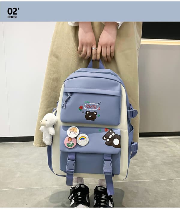 Five-piece School Bag Large Capacity Shoulder Bag Includes Bear Pendant-558 Blue