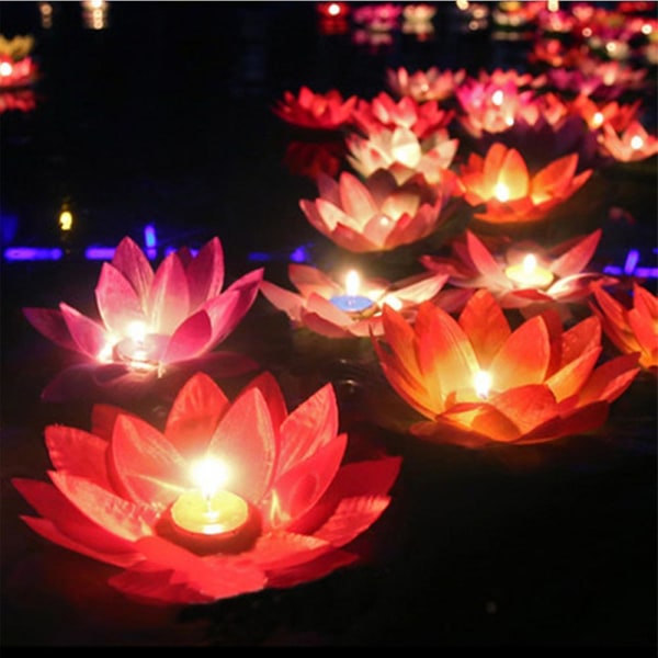 10 stk Multicolor Silke Lotus Lanterne Light Flydende stearinlys - Pool dekorationer - Ønskelys - Fødselsdags bryllupsfest dekoration Rød